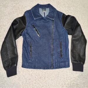 Nike NSW Selvedge Moto Destroyer Dark Blue Denim Jacket with Leather Sleeves